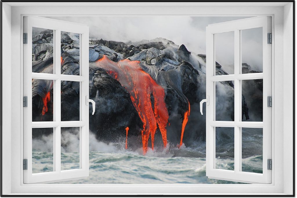 Wallario Wandbild mit Fenster-Illusion: Lavastrom ins Meer, Größe: 61 x 91,5 cm, Poster mit schwarzem Aluminiumrahmen