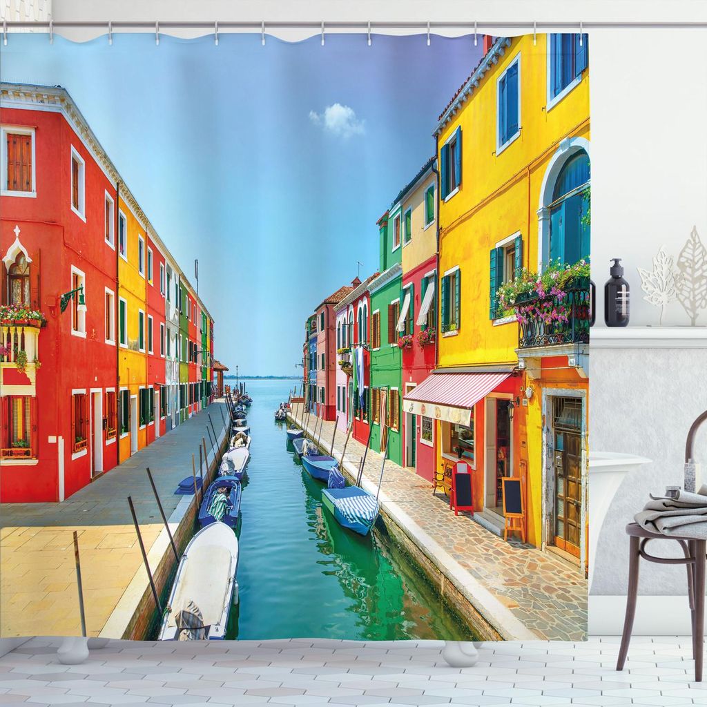 ABAKUHAUS Bunt Duschvorhang, Landschaft Bild von Venedig Wahrzeichen der Insel Burano Kanal-Häuser und Boote in Italien, 175 x 200 cm, Mehrfarbig