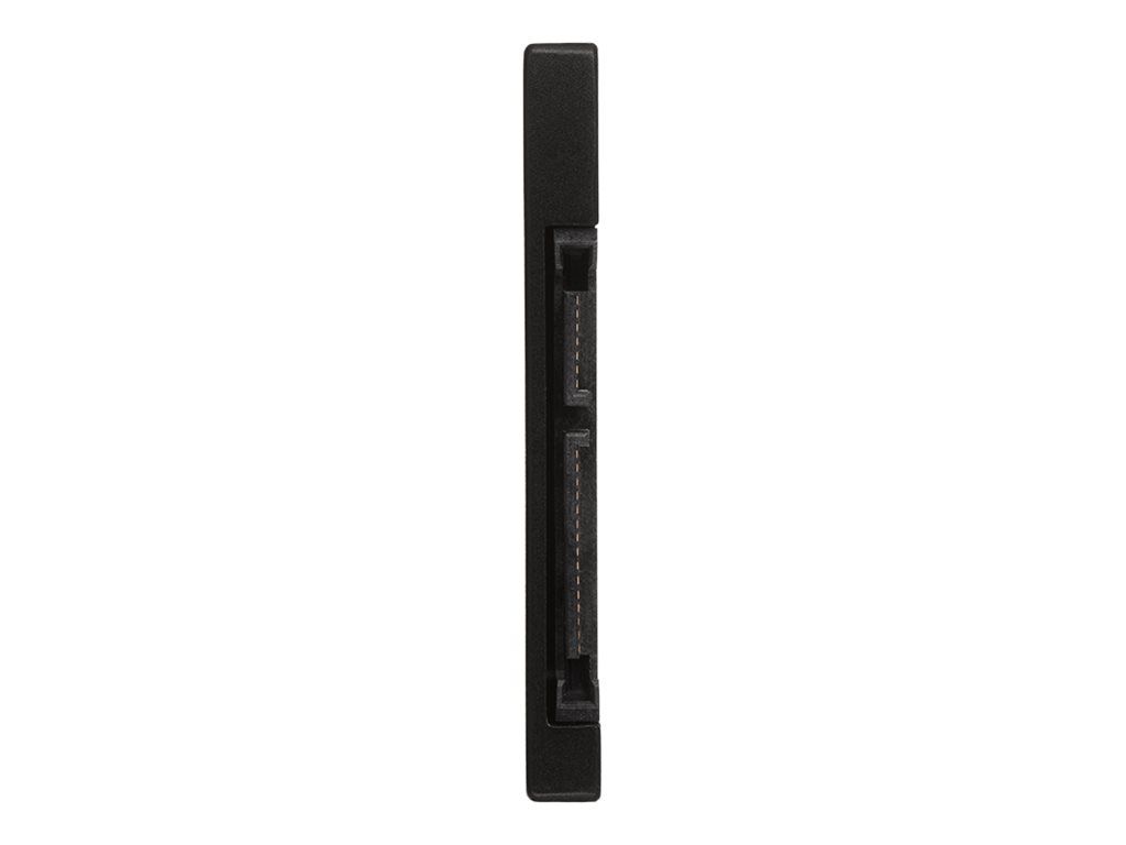 A side view of a black SSD drive with SATA connectors.