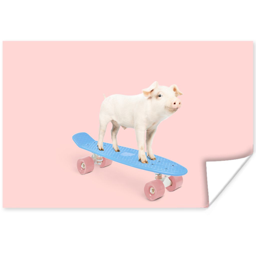 MuchoWow Poster Schwein - Rosa - Skateboard - Blau - Tiere 30x20 cm - Plakate - Print