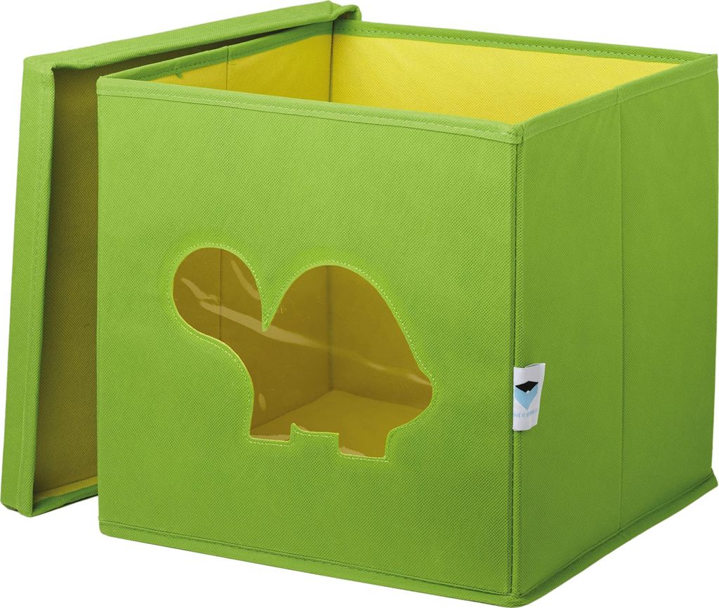 LOVE IT STORE IT Spielzeugbox mit Deckel - Aufbewahrungsbox aus Stoff - Verstärkt mit Karton - Quadratisch - Grün mit Schildkröte - 30x30x30 cm