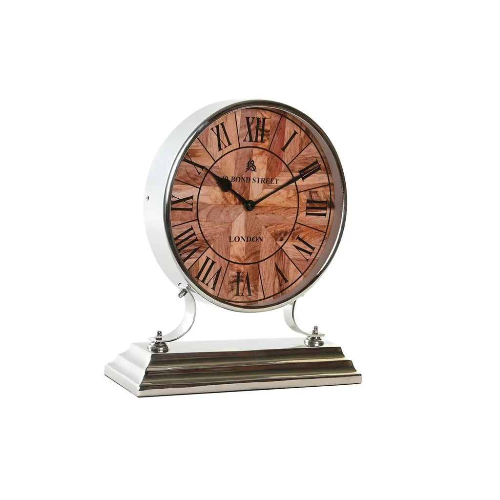 Pendule à poser design avec poignée bois et cadre aluminium argenté