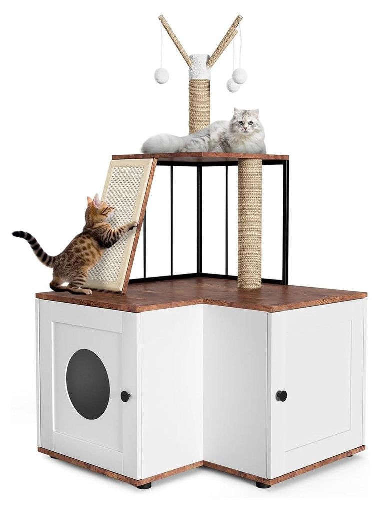 Katzenbaum mit Katzentoiletten-Schrank - Kratzbaum - 2 Etagen - 124 cm Hoch - Holz - Kratzsäule - Für Wohnungskatzen