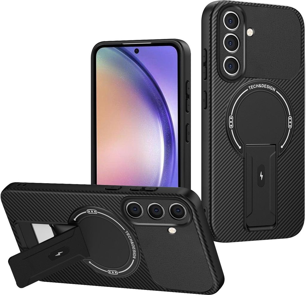 Hülle für Samsung Galaxy A15 5G/4G Magnetisch Carbonfaser Design TPU Hybrid Handyhülle mit Ständer Schwarz