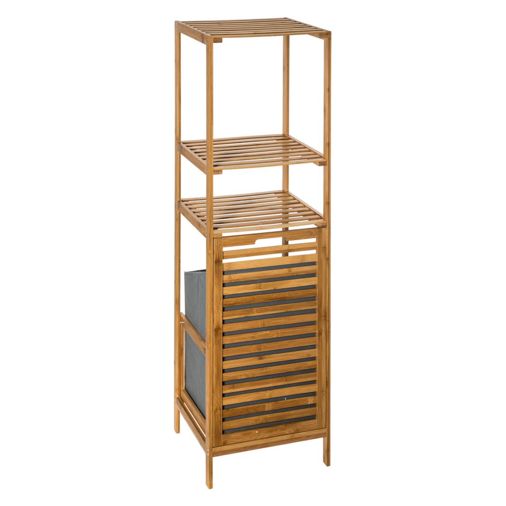 A tall, narrow bamboo shelf unit with three open shelves and a lower cabinet with slatted doors, containing a gray fabric basket.