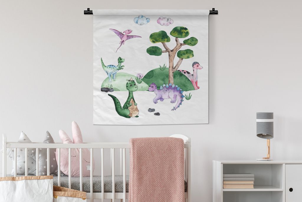 MuchoWow Wandteppich Wandbehang Kinderzimmer - Dinosaurier - Weiß - Jungen - Mädchen - Kind 90x90 cm Tapisserie Dekoration Wandtuch - Wandaufh...