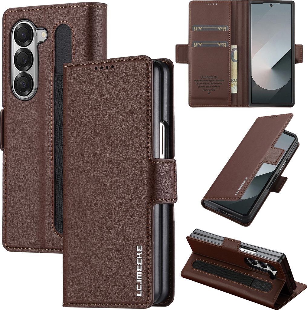 Handyhülle für Samsung Galaxy Z Fold5 5G, Magnetische Flip Leder Hülle mit Kartenfach und Standfunktion Braun