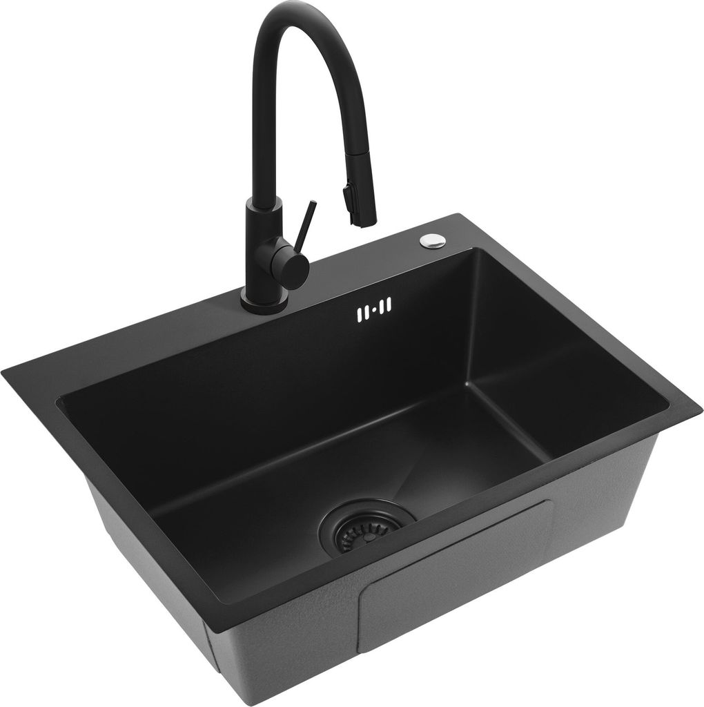A black kitchen sink with a black faucet against a white background.