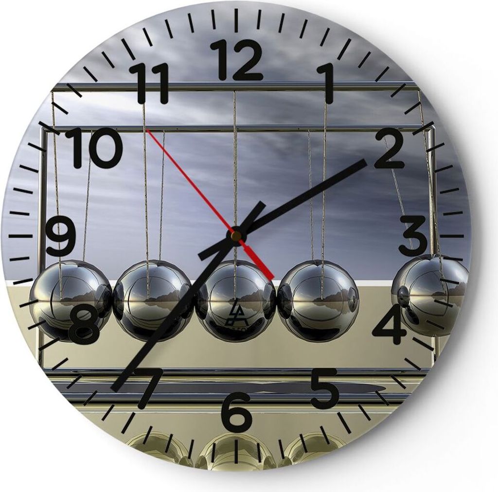 Wanduhr - Rund - Glasuhr - Chrom Kugeln Wissenschaft - 30x30cm - Schleichendes Uhrwerk - Lautlos - zum Aufhängen bereit - Dekoration Modern - Wand...