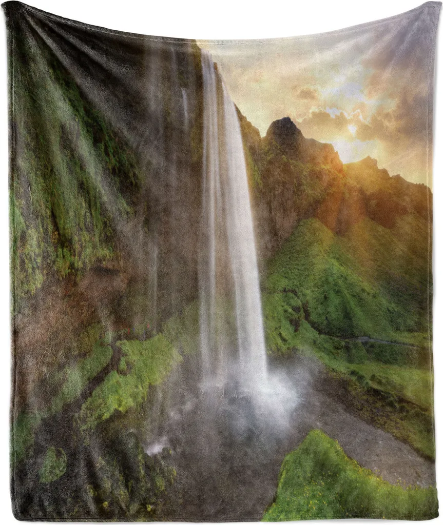 ABAKUHAUS Islanda Morbida coperta in pile di flanella, cascate Seljalandsfoss, accogliente peluche per interni ed esterni, 125 x 175 cm, verde oliva marrone scuro