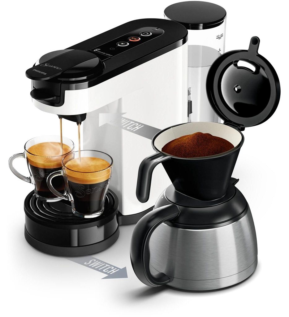 Philips Senseo Switch 2-in-1 Pad und Filter Kaffeemaschine mit Thermo Kanne + Intensitätsregler, Weiß (HD6592/04)