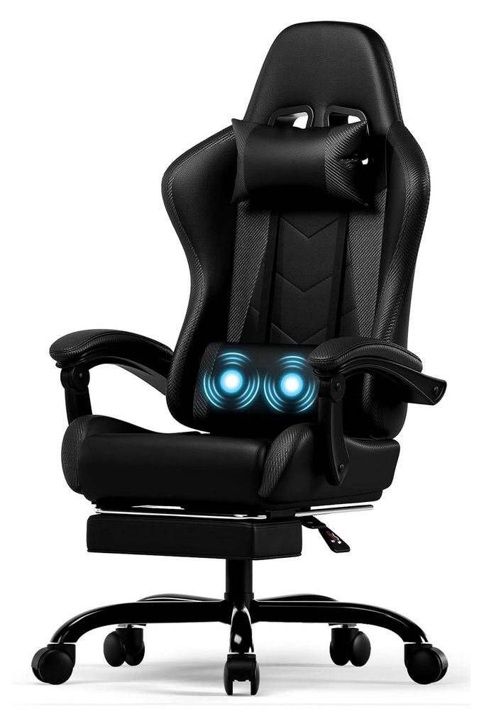 Ergonomischer Gaming-Stuhl mit Massagefunktion und ausziehbarer Fußstütze, verstellbare Rückenlehne 90-135°, komfortabler Bürostuhl für Home ...