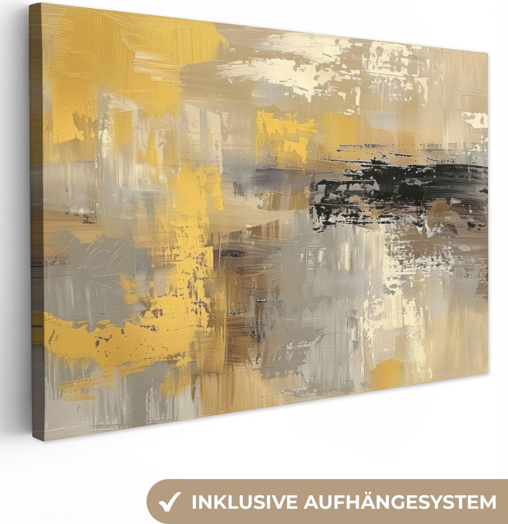 MuchoWow - Leinwandbilder - Abstrakt - Gelb - Modern - Beige, Wandbild, Wanddeko Bilder Wohnzimmer, 90x60 cm