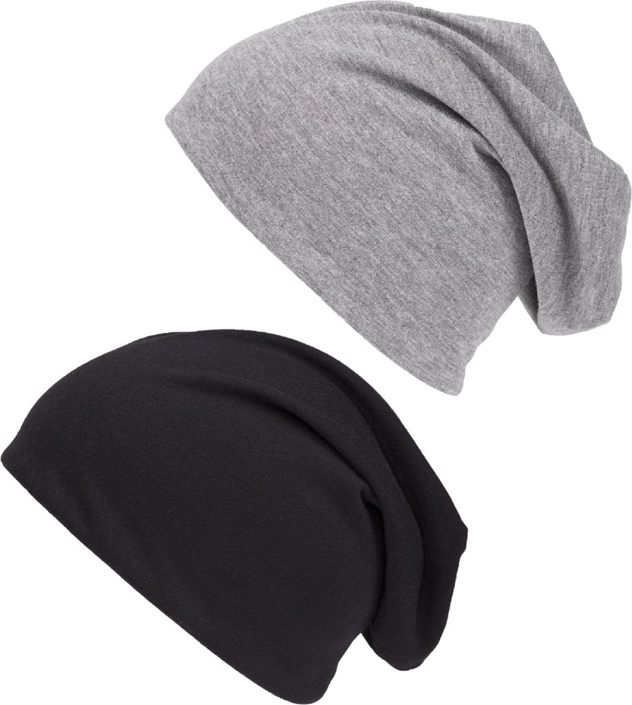 2er Pack Beanie Schwarz und Hellgrau Jersey Slouch Mütze Produktbild 