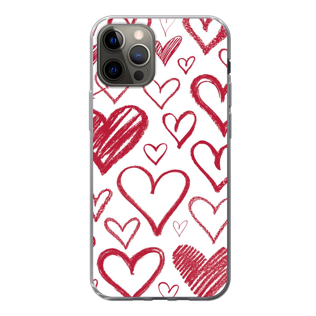 MuchoWow Handyhülle Schutzhülle Hülle für iPhone 12 Pro Eine Illustration mit mehreren Herzen auf weißem Hintergrund Silikon Softcase Handy ...