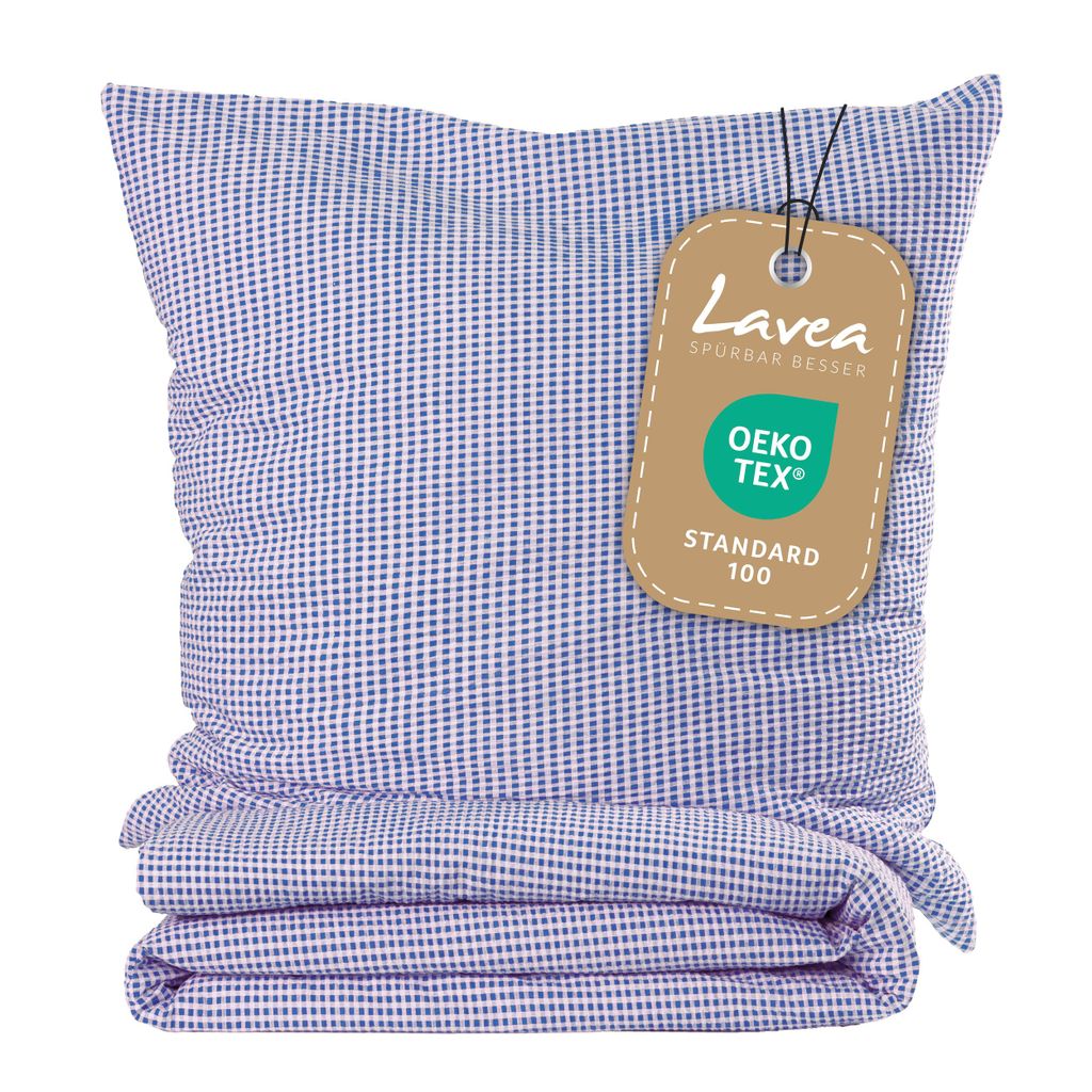 Lavea Seersucker Bettwäsche Karo, Landhaus Blau, 100% Baumwolle, Bügelfrei, 155 x 220 cm Bettbezug + 80 x 80 cm Kissenbezug, kariert