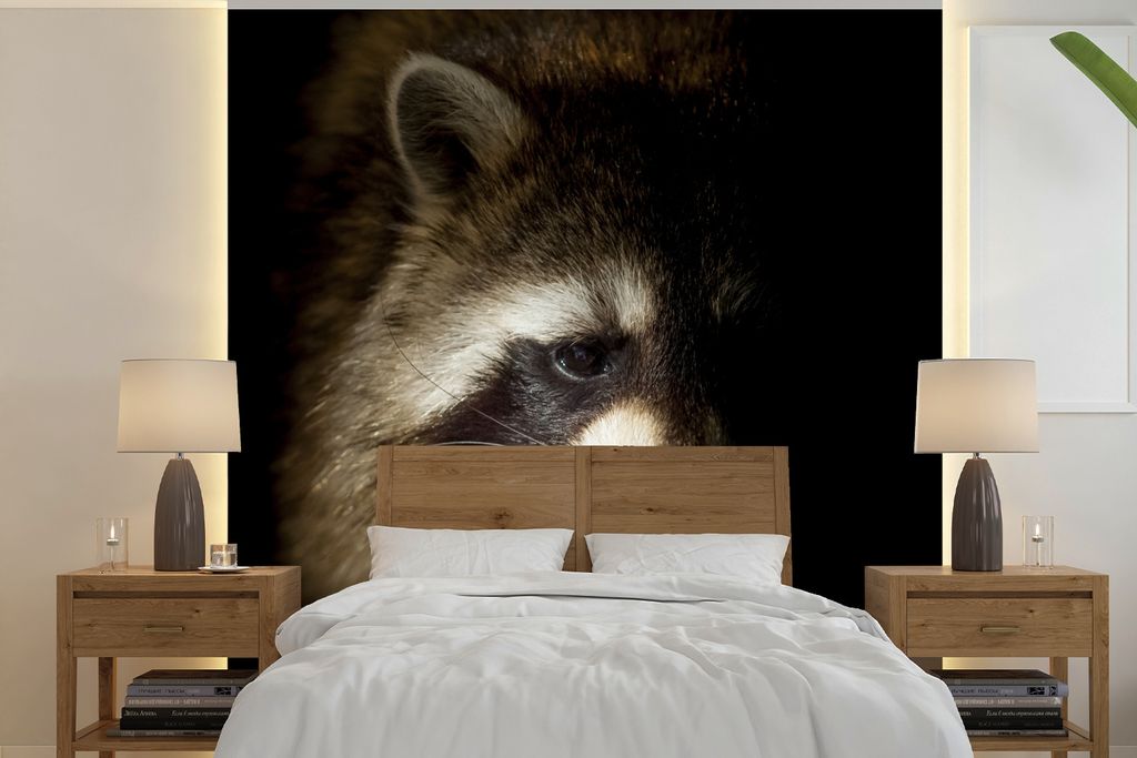 MuchoWow Fototapete für Wohnzimmer oder Schlafzimmer Wandtapete Vinyl Motivtapete Waschbär - Wilde Tiere - Schwarz - 220x220 cm - Tapeten