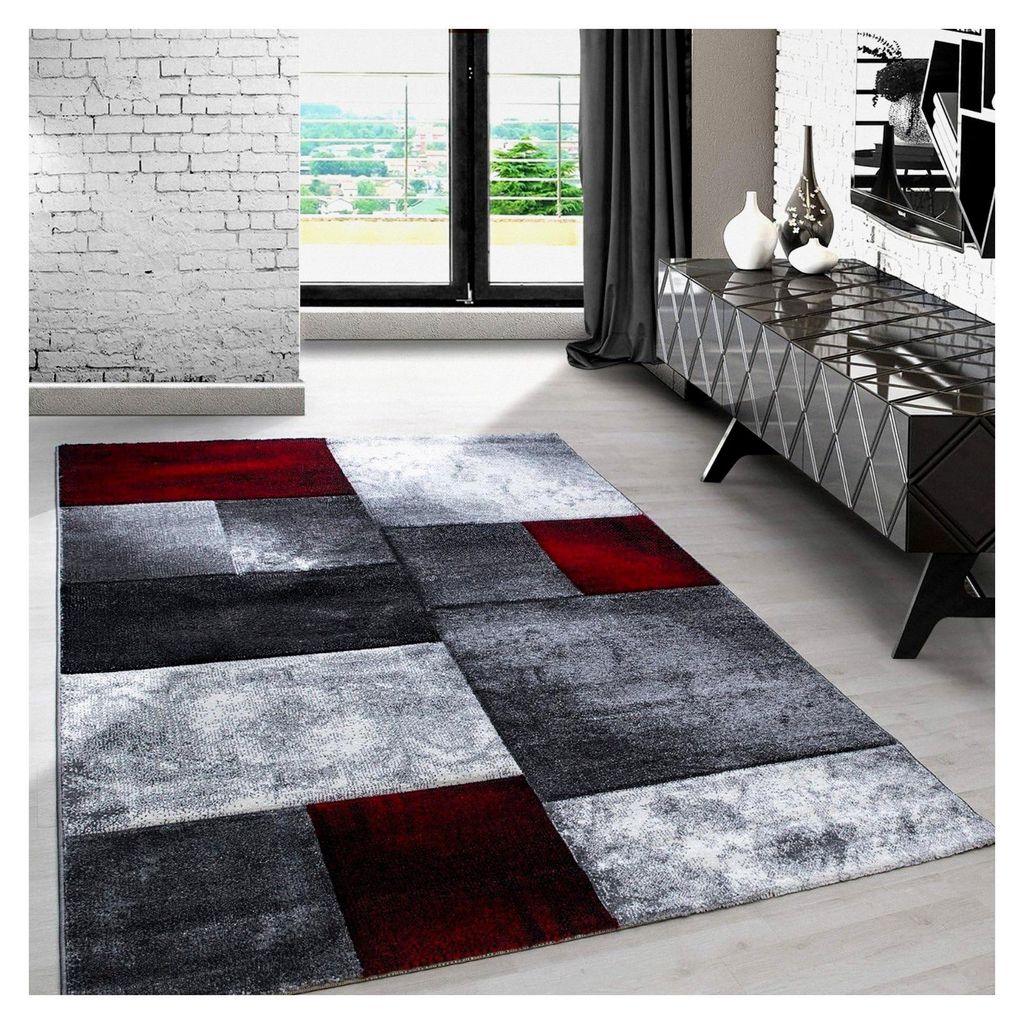 Teppich 160x230 cm – Kurzflor Konturenschnitt in Rot Grau Weiß – Kariertes Design, Waschbar, Pflegeleicht, Extra Weich – Für Wohnzimmer, Es...