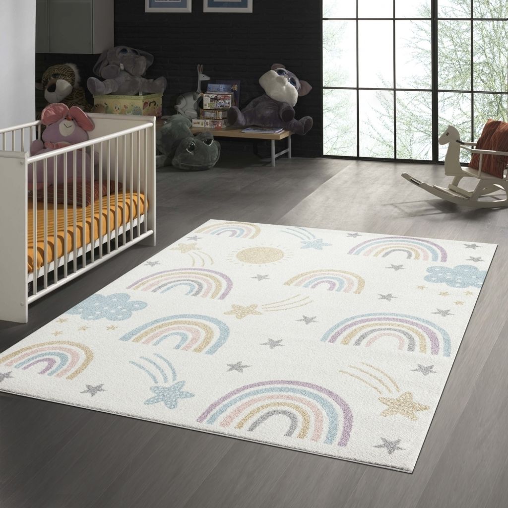 Kinderzimmer Teppich weicher Flor pastellfarbene Details Größe - 80 x 150 cm