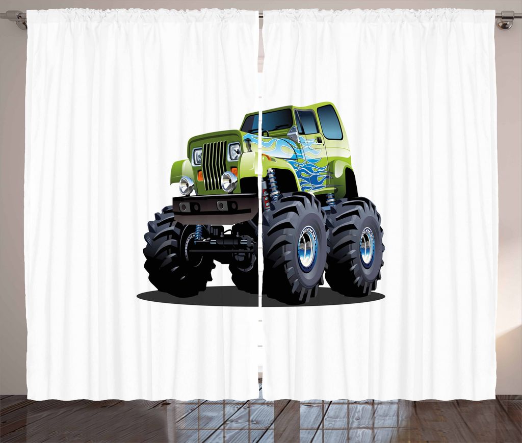 ABAKUHAUS LKW Rustikaler Vorhang, Monster Truck Off Road, Wohnzimmer Universalband Gardinen mit Schlaufen und Haken, 280 x 175 cm, Apfelgrün Dunke...
