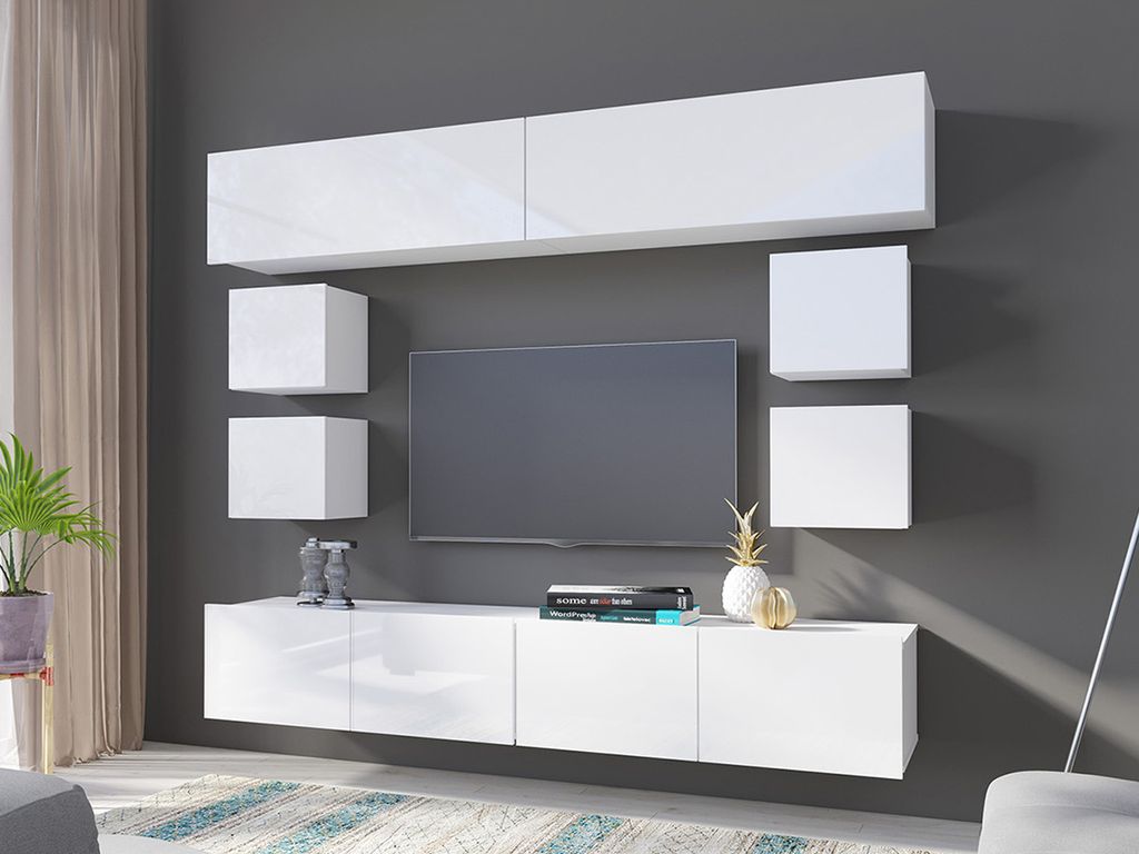 Wohnwand CALABRINI-16 Wohnzimmer-Set Hängewohnwand Schrankwand Schrank TV-Schrank Moderne Anbauwand Hochglanz (Weiß)