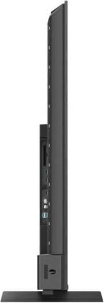 Side view of a black television on a stand.