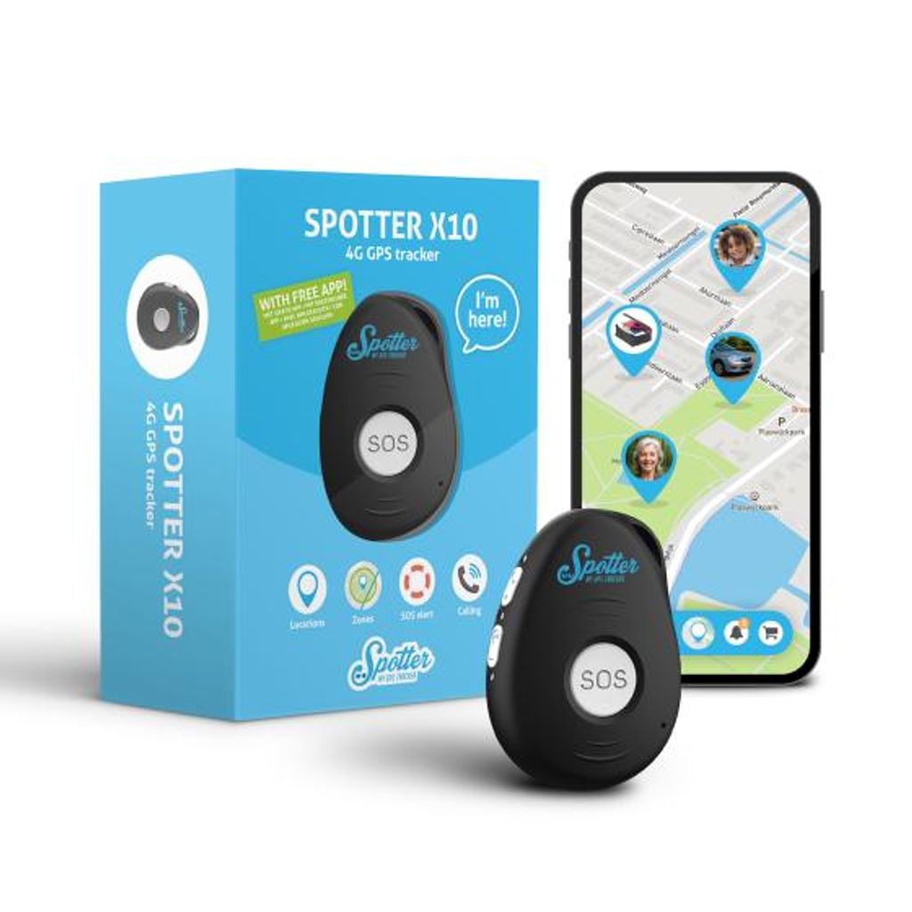 A Spotter X10 4G GPS tracker device and its packaging are displayed next to a smartphone showing the tracking app.