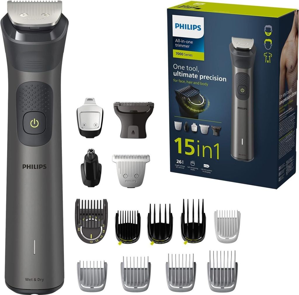 A Philips All-in-one trimmer and its accessories are displayed with its packaging.