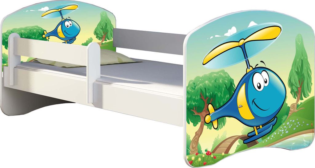 ACMA Jugendbett Kinderbett Junior-Bett Komplett-Set mit Matratze Lattenrost und Rausfallschutz Weiß 35 Hubschrauber 160x80