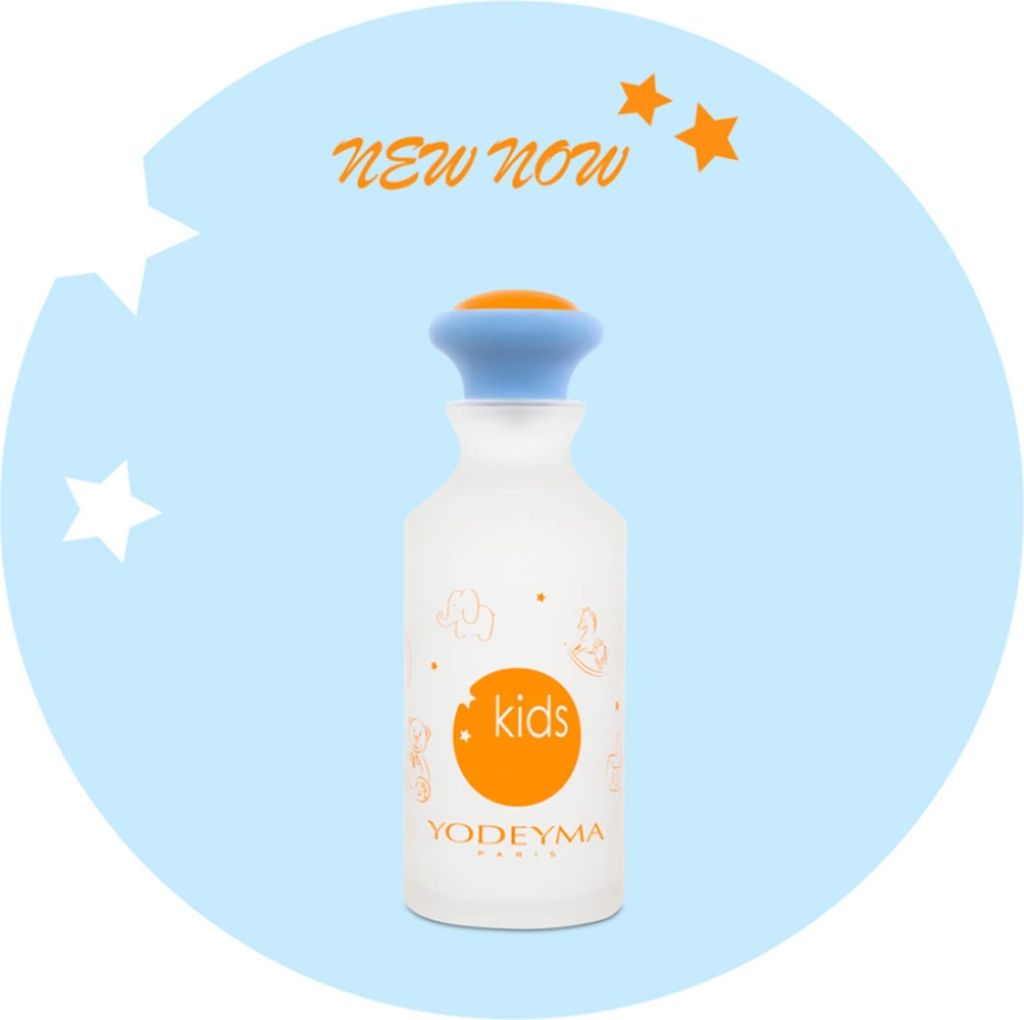 A bottle of YODEYMA Kids perfume against a light blue circular background with stars and text.