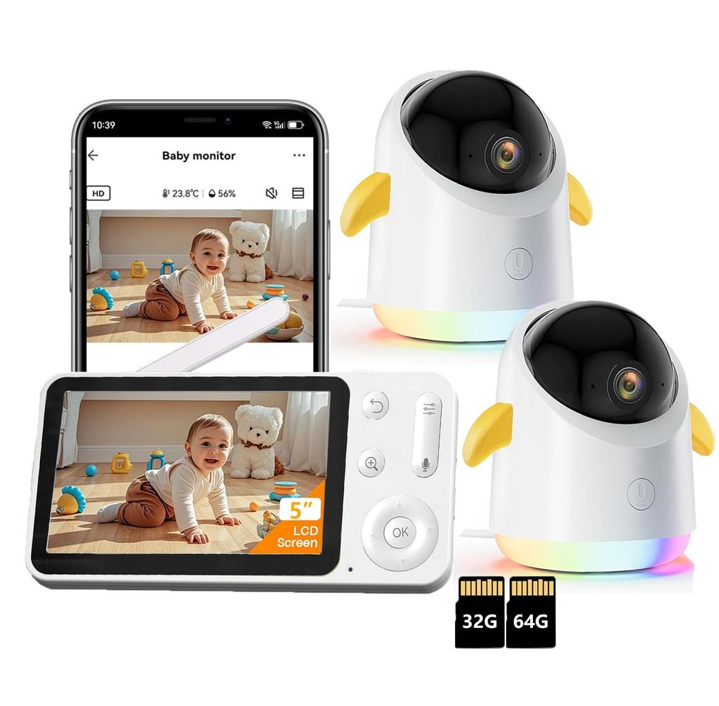 Babyphone mit 2 Kameras und APP 5 Zoll WLAN Babyfon mit Split-Screen 360°PTZ 4×Zoom IR-Nachtsicht Buntes Nachtlicht Automatische Verfolgung mit 3...