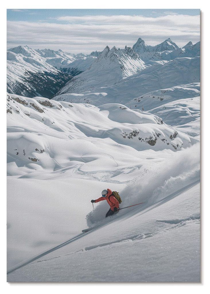 POSTER - 21x29 cm (A4) - Izaak - Skifahrer in Aktion, weiße Berge, blauer Himmel - Wandbild für Wohnzimmer Schlafzimmer & Flur, Modernes Poster W...