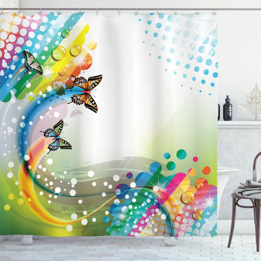 ABAKUHAUS Tenda da doccia colorata, Trippy Flying Butterflies con bolle colorate Comet Bubbles Creative Fantastic Design, tessuto Set decorativo per bagno con ganci, 175x240 cm, multicolore