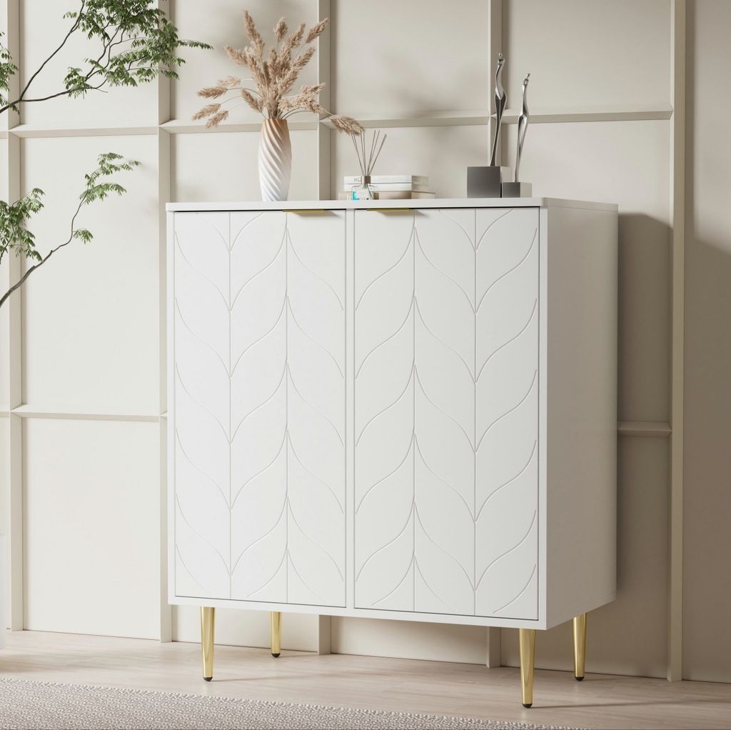 Sideboard Weiß 75Bx40Tx90H (3 Einlegeböden, 6 Fächer) mit 2 Türen,Kommode,Flurschrank ergoldete Füße und Griff, lackiert,stoßsicheres Eckdesign