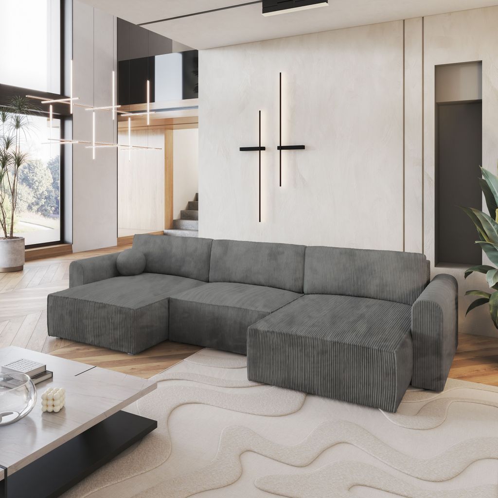 Masseno Ecksofa FENTO P mit Schlaffunktion U-Form, Sofa mit Bettkasten, Wohnzimmersofa, Couch, Soffa, Bettsofa, Couchgarnitur- Grau, POSO 60