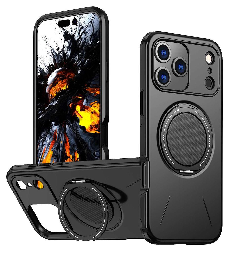 Handyhülle für iPhone 17 Pro mit integriertem 360° Ständer, stoßfest, rutschfest, PC Case, Schwarz