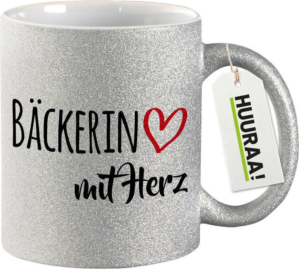 Huuraa Glitzertasse Bäckerin mit Herz 330ml Silber Keramik Kaffeebecher Geschenkidee