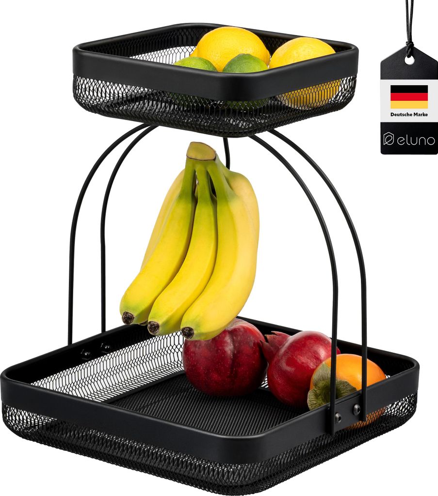 eluno 2-stöckige Obstetagere mit Bananenhalter, Brotkorb, Obstkorb aus schwarzem Metall
