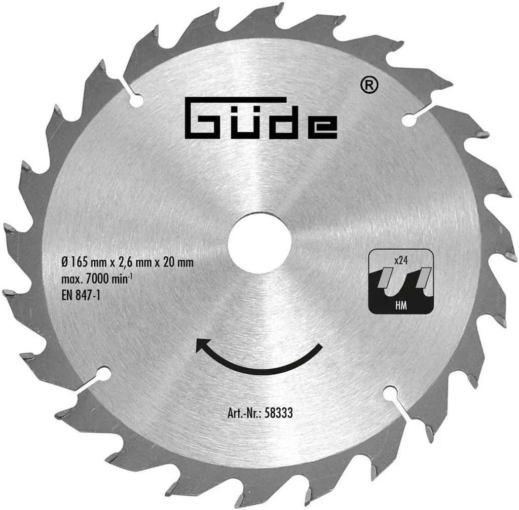 Güde HM-Sägeblatt HM 165x20x24Z für Tauchsäge TS 58-1200, TS 57-1400 KE
