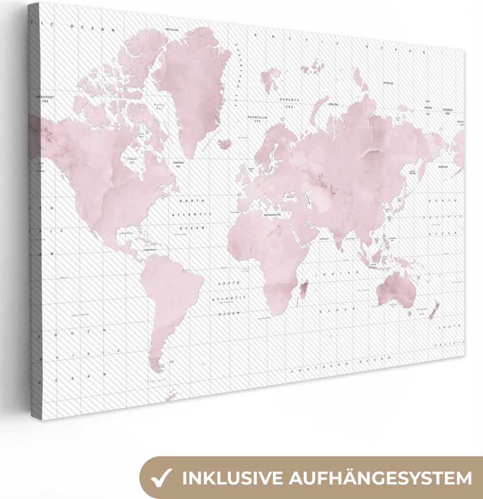 OneMillionCanvasses - Leinwandbilder - 140x90 cm, Weltkarte - Rosa - Marmor, Wandbilder Kunstdruck Wanddekoration