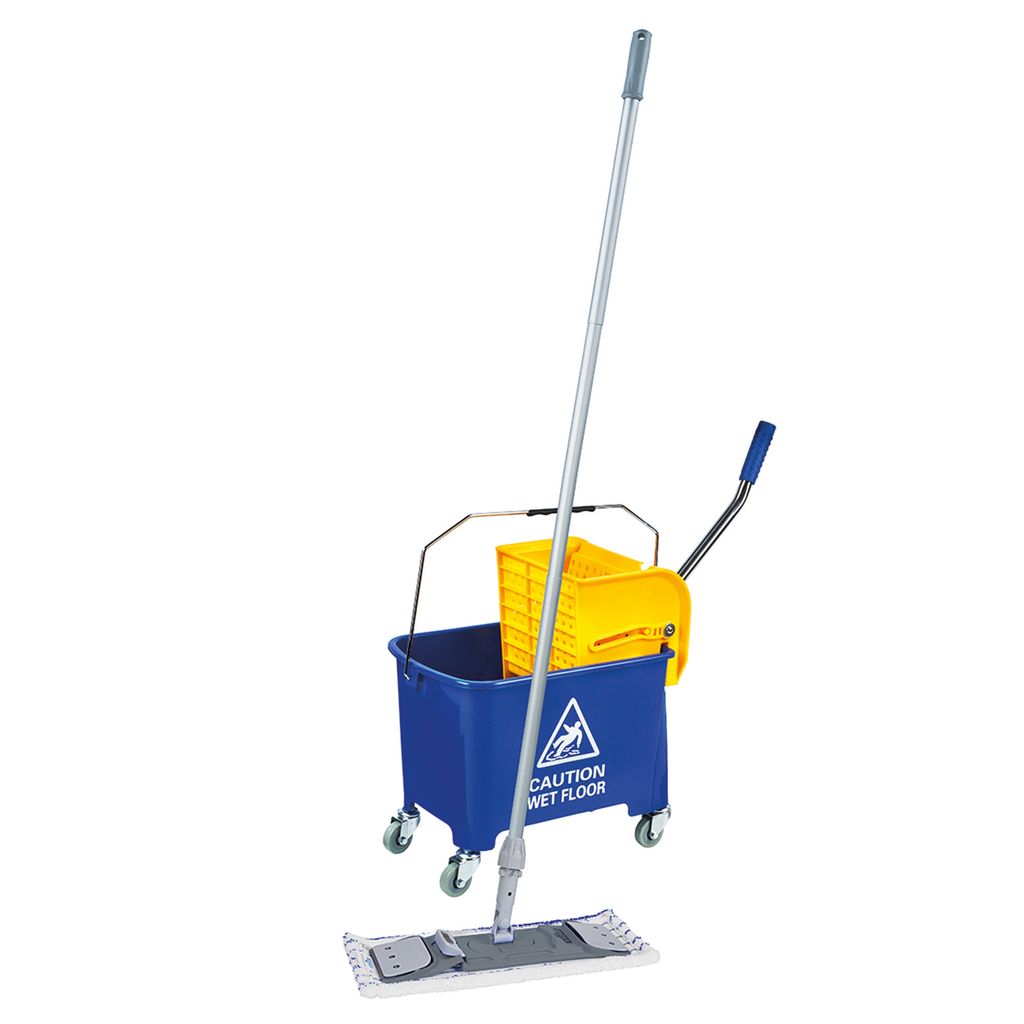 A cleaning set including a mop, bucket, and accessories, presented on a white background.