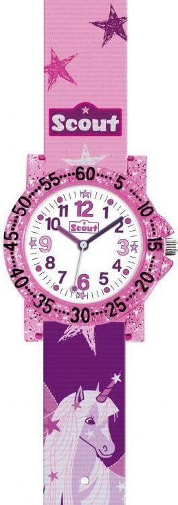 A children's watch with a pink and purple unicorn theme.