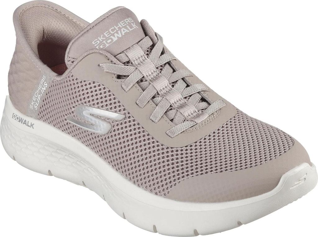 A single beige Skechers Go Walk shoe is shown from a side-angle on a white background.