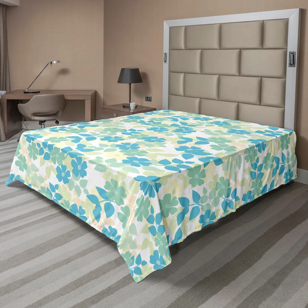 Drap plat à fleurs vintage ABAKUHAUS 275x260 cm en vert amande et jaune