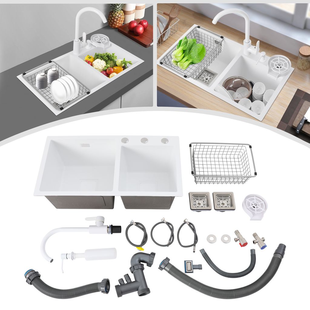 A collage of images showing a white double kitchen sink, its components, and a lifestyle shot of a similar sink with food and dishes.