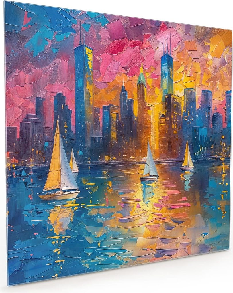 Küchenrückwand Spritzschutz Glas mit Motiv Hafenstadt Bei Nacht 40 x 40 cm
