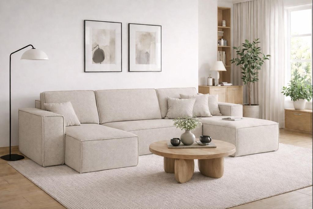 Kaiser Möbel Ecksofa mit schlaffunktion und bettkasten, Sofa U-form,Couch U-form BEST stoff Neve Beige
