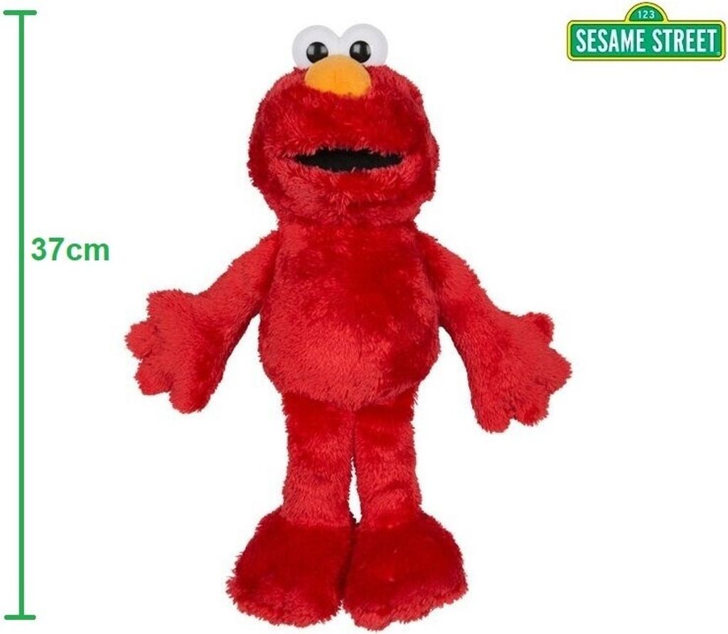 A plush toy of Elmo from Sesame Street is shown standing against a white background. A green ruler indicating 37cm is on the left side of the image, and a Sesame Street logo is in the top right corner.