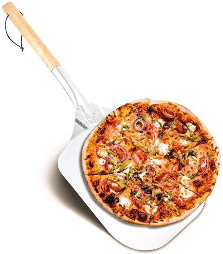 Stahl-Eisenbrett für Pizza mit abgerundeten Rändern 66 cm Länge 30,5 cm Breite für Backofen und Grill in Silbergrau.
