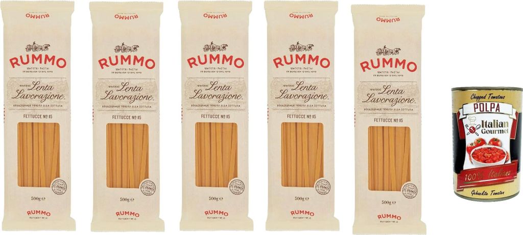 Rummo Fettucce n° 15 Pasta Lenta Lavorazione Teigwaren aus Hartweizengrieß Bronze-Zeichnung 5x 500g + Italian Gourmet polpa 400g